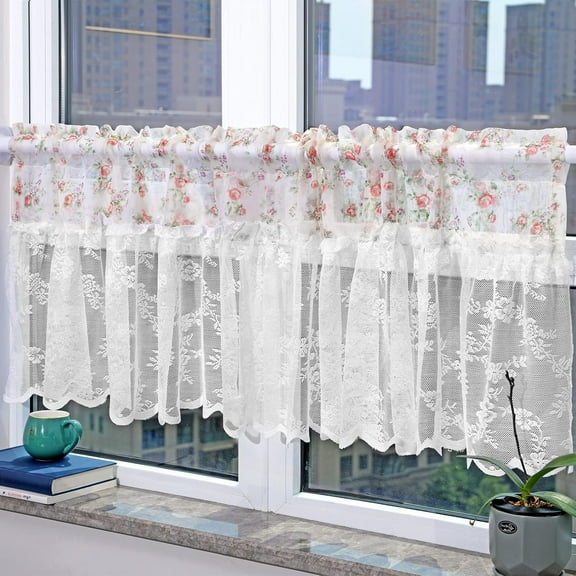 1 Panel Sheer Valance with a Romantic All-Over White Floral and Rose Pattern, Rod Pocket Lace Sheer Drapes for Kitchen