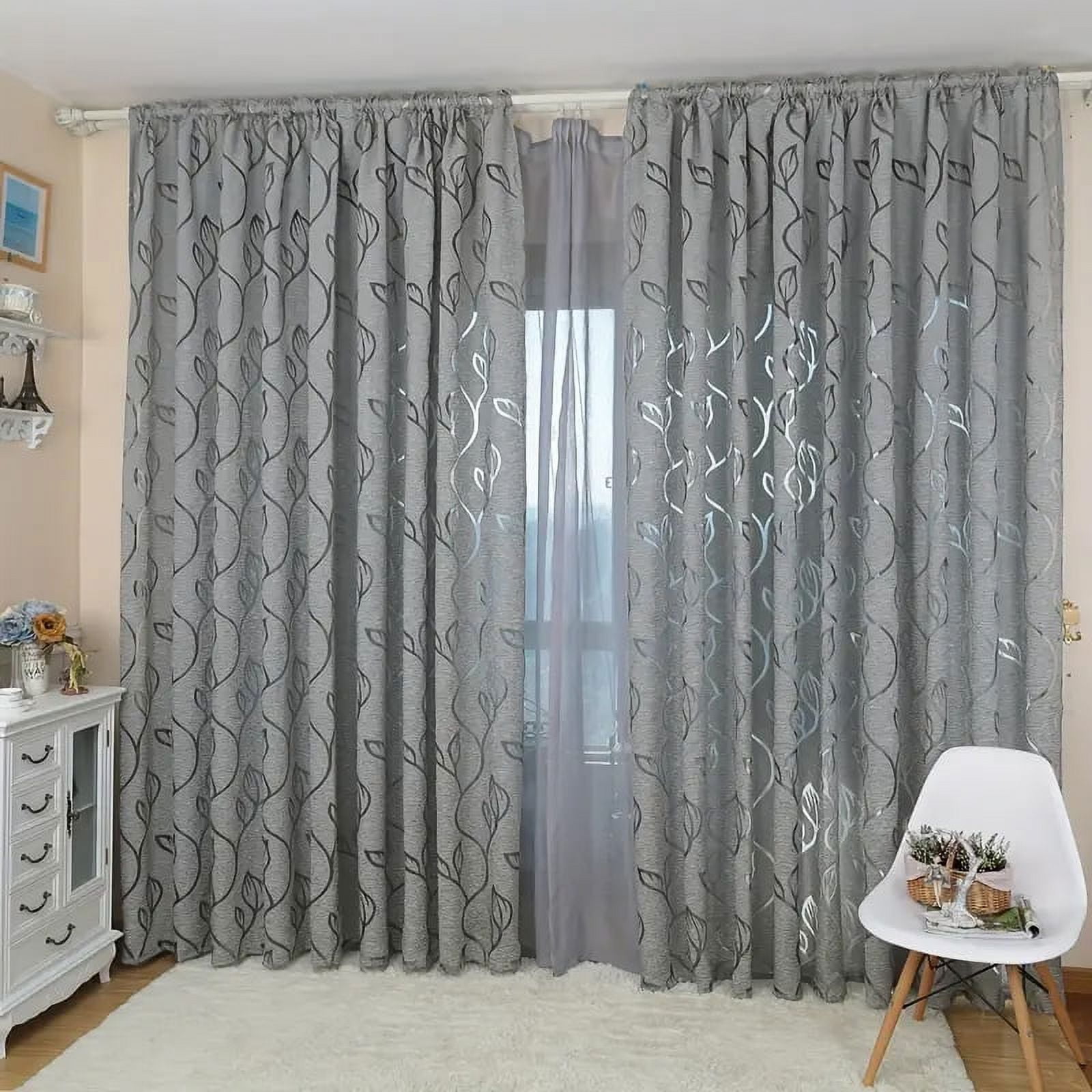 1 Panel Simple Gray Cut Flower Hollow Leaf Gauze Curtain Rod Pocket