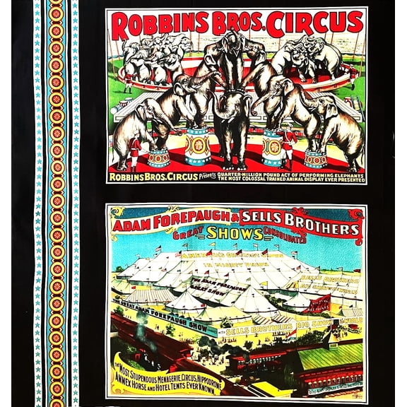 1 Panel -Vintage Circus Scenic 4 Blocks Cotton Fabric Pillow Panel - 4 Large Blocks (Great for Craft Projects, Quilting, Sewing & More) 23 X 44 Wide