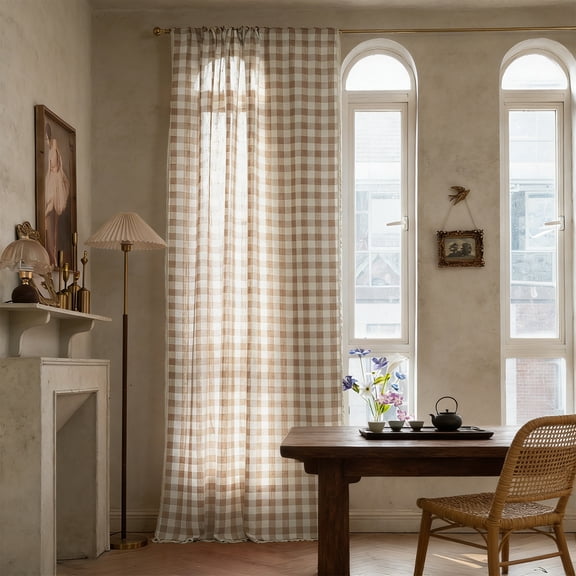 1 Panel Woven Textured Curtain 55.12x62.99in Polyester Semi Sheer Rural Style Privacy Drapes Light Filtering Window Panel for Living Room Bedroom Balcony Beige