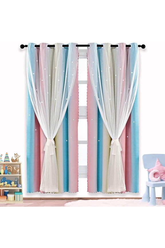 Curtains Blackout Curtains for Bedroom with White Sheer Layered Curtain 52x84 inches for Kids Bedroom Living room, 1 Panel, Blue and Yellow