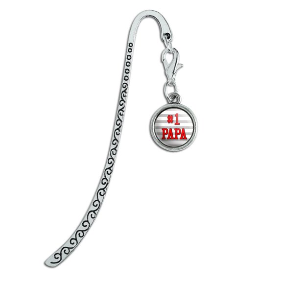 #1 Papa Number One Dad Father Metal Bookmark Page Marker with Charm