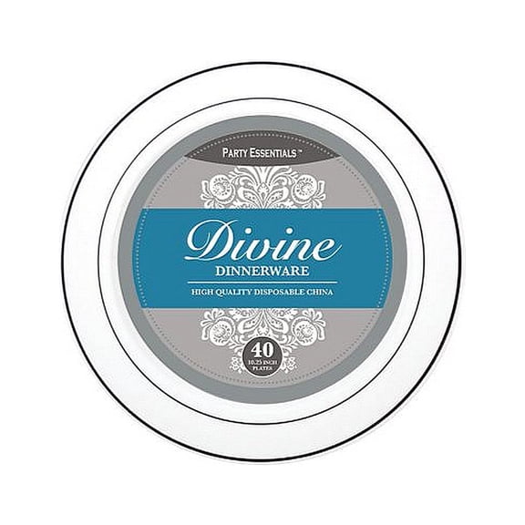 1 - Party Essentials 10.25" Divine Plates - White w/ Silver Rim 40 Ct.