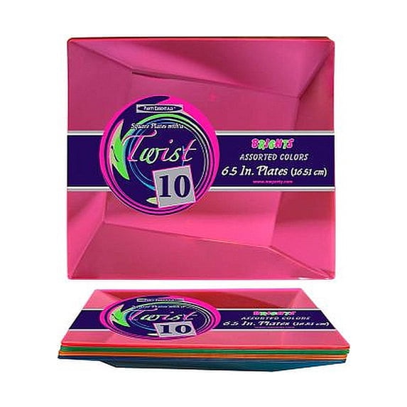 1 - Party Essentials 6.5″ Plastic Twist Square Plates – Assorted Neon 10 Ct.