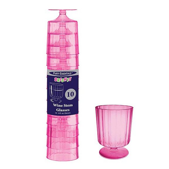 1 - Party Essentials 8 Oz. 1 pc. Wine Stems- Neon Pink 10 Ct