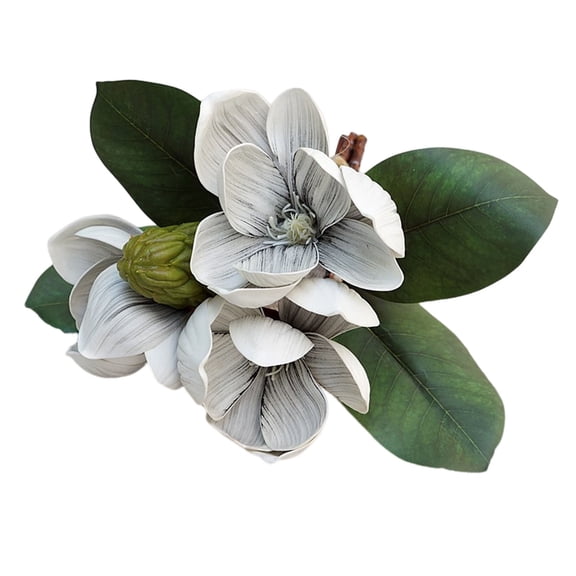1 Pc 11.02" Artificial Magnolia Flower Pick, 2 Blooms 1 Seedpod Twine Wrapped Bouquet for Wedding Plate Setting Napkin Decor, Creamy Cottage White
