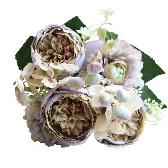 1 Pc 11.8" Compact 5-Head Artificial Peony Flowers Bouquet, Silk Peonies Arrangement with Faux Berries Hydrangeas for Table Centerpiece Home Decor, Vintage Antique Oil-Painting Mix