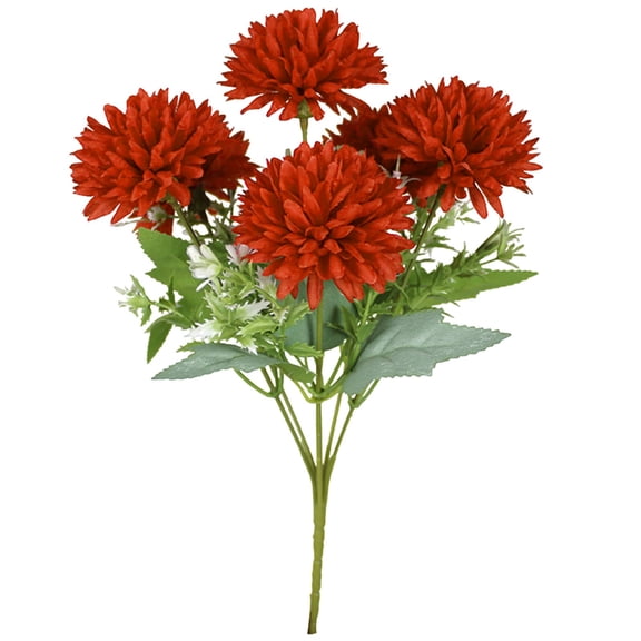 1 Pc 12.2" Compact Fall Artificial Mums Bouquet, 2.8" Large Head Silk-Like Chrysanthemum Bush for Thanksgiving Table Mantel Decor, Vase Not Included, Deep Burgundy Fall Red