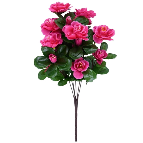 1 Pc 13.4" Ultra-Full Artificial Azalea Bush, 21 Heads 7 Branches Faux Silk Flowers for Outdoor Window Box Cemetery Decor, Weather Resistant, Fuchsia Hot Pink