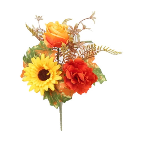 1 Pc 14" Artificial Fall Sunflower Bouquet, Faux Silk Spiced Cider Autumn Flower Arrangement with Maple Leaves for Window Sill Display