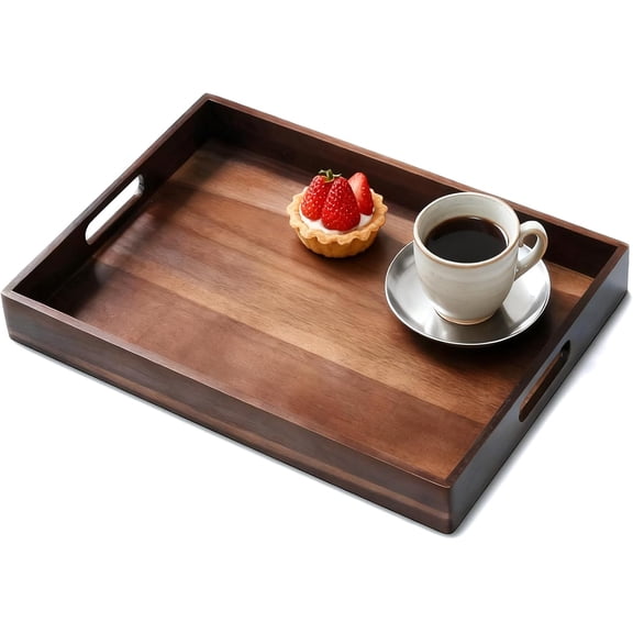 1 Pc 17 Inch Acacia Wood Serving Tray Handles Decorative Rectangular