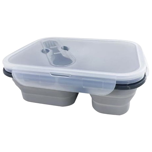 1 Pc 2-Compartment Silicone Collapsible Meak Kit Lunch Box Food Storage Containers with Lids Airtight Bento Box with Spoon Silicone Lunch Container for Adults Work Travel, 8.27x5.91x2.95 Inch, Gray