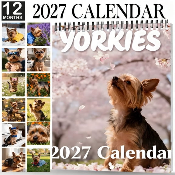 1 Pc 2027 Wall Calendar Planner, Yorkie Dog Cherry Blossom Spring Art Design