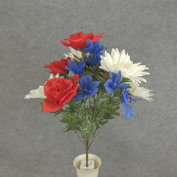 1 Pc, 21" Tall Red Roses, Blue Alstroemeria & White Daisies Artificial Bush Made Of Silk & Has 14 Stems