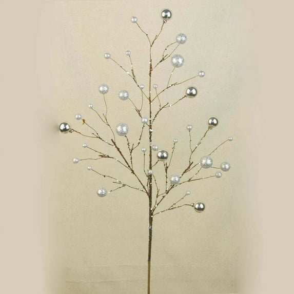 1 Pc, 29 Inch Artificial Glitter Ball Twig Spray For Winter & Christmas Decor - Silver
