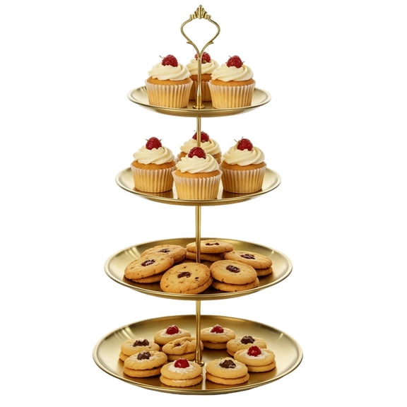 4Tier Golden Cupcake Stand Stainless Steel Cake Tower, Tiered Serving Tray with Handle for Weddings, Outdoor Picnics & Buffets, Large Dessert Display Rack for Pastry, Fruit & Cookies