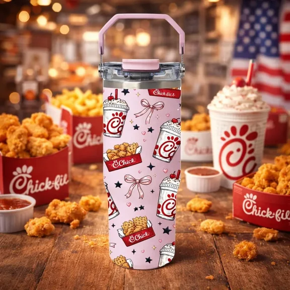 1 Pc 40oz insulated mug, double wall vacuum cup, leak proof lid, hard handle tumbler, hot cold drinks 12h hot 24h cold, large capacity thermal mug, cute fried chicken print, gift for Women