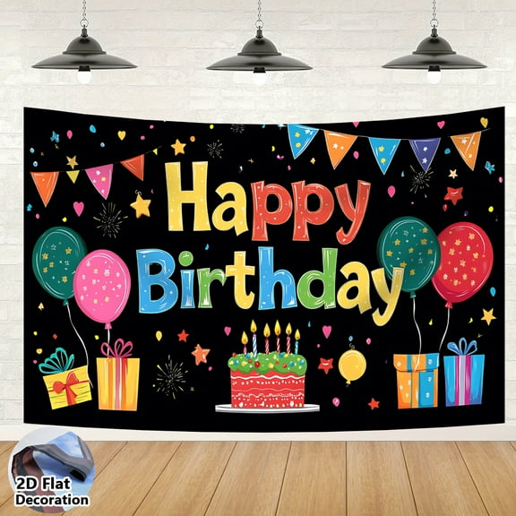 1 Pc 43*70in Birthday Background Cloth Polyester Balloon and Ribbon Patterns Photography Backdrop Black Background Studio Props