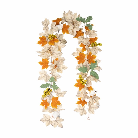 1 Pc 5.7ft Artificial Fall Garland with White Pumpkins, Faux Maple Leaf Garland Autumn Foliage Vines with Berries for Thanksgiving Mantel Fireplace Decor