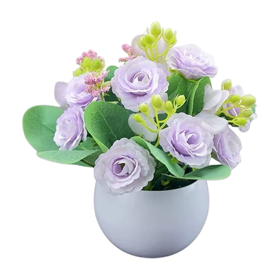 1 Pc 5.9" Mini Potted Fake Roses, Small Artificial Rose Buds in White Pot Orchid Purple for Coffee Table Accent