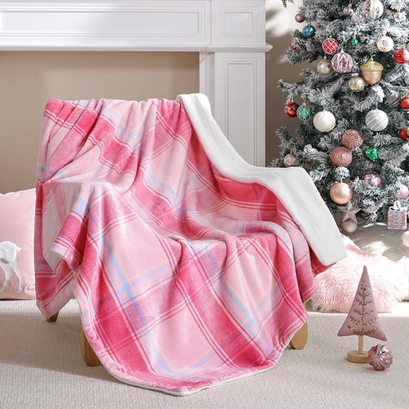 1 Pc 50x60 Inch Pink Christmas Plaid Throw Blanket Reversible Sherpa Flannel Fleece Checkered Couch Bed