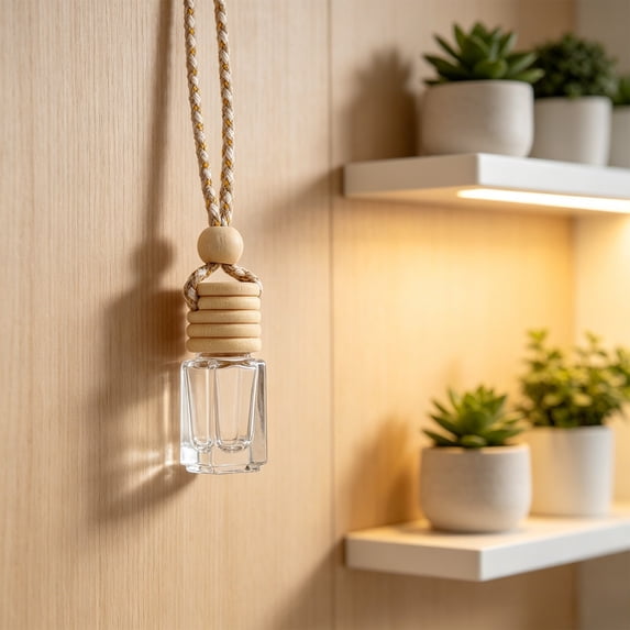 1 Pc 5ml Hanging Car Air Freshener Diffuser,Empty Clear Glass Essential Diffuser Oil Aromatherapy Fragrance Perfume Pendant Glass Vials with Wooden Caps & Hanging String(C)
