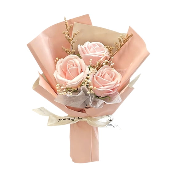 1 Pc 6.3" Pocket Size Mini Artificial Rose Bouquet, 3-Head Pre-Wrapped with Gift Paper & Ribbon Bow Small Fake Flowers, Sweet First Love Pink