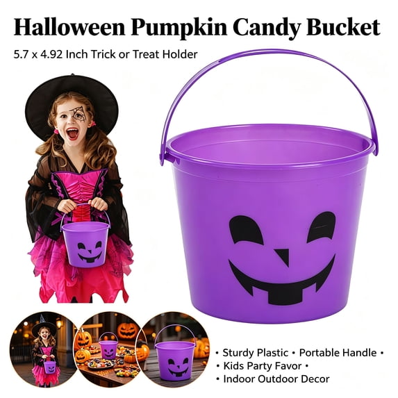 1 Pc 6" HPurple Halloween Pumpkin Trick or Treat Bucket, Halloween Lantern Candy Basket, Trick or Treat Pumpkin Pails Cauldron Kettle Candy Holder, Halloween Party Supplies
