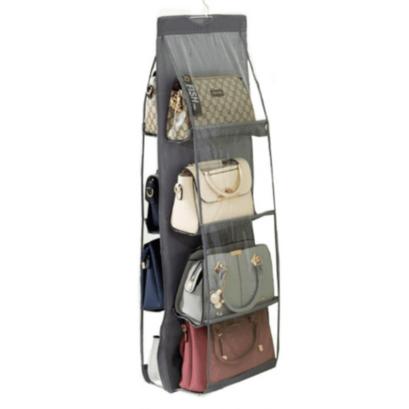1 Pc 8 Pockets Hanging Purse Handbag Organizer Clear Shelf Bag Collection Storage Holder Wardrobe Closet Space Saving Organizers (Grey)