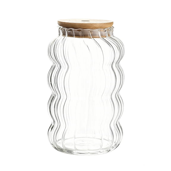 1 Pc 800ml Handmade Ribbed Beverage Glass with Lid and Straw Ribbed Glass Cups Vintage Drinking Glassware with Wave Shape Design Bubble Cups for Iced Coffee, Juice, Beverage, Milk, Cocktails, Clear