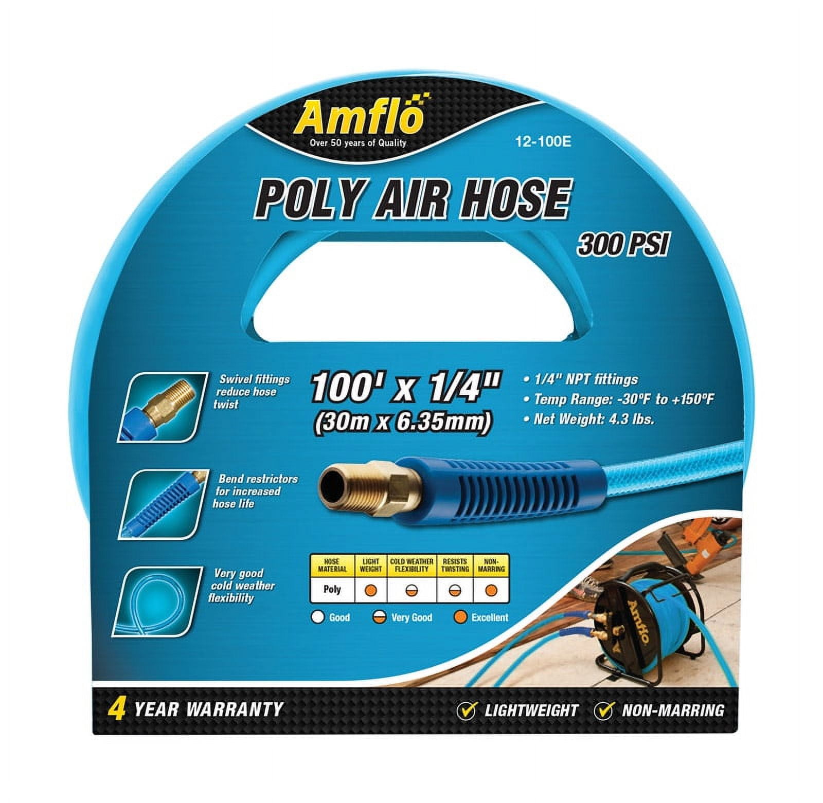 1 Pc, Amflo 100 Ft. L X 1/4 In. D Polyurethane Air Hose 300 Psi Blue
