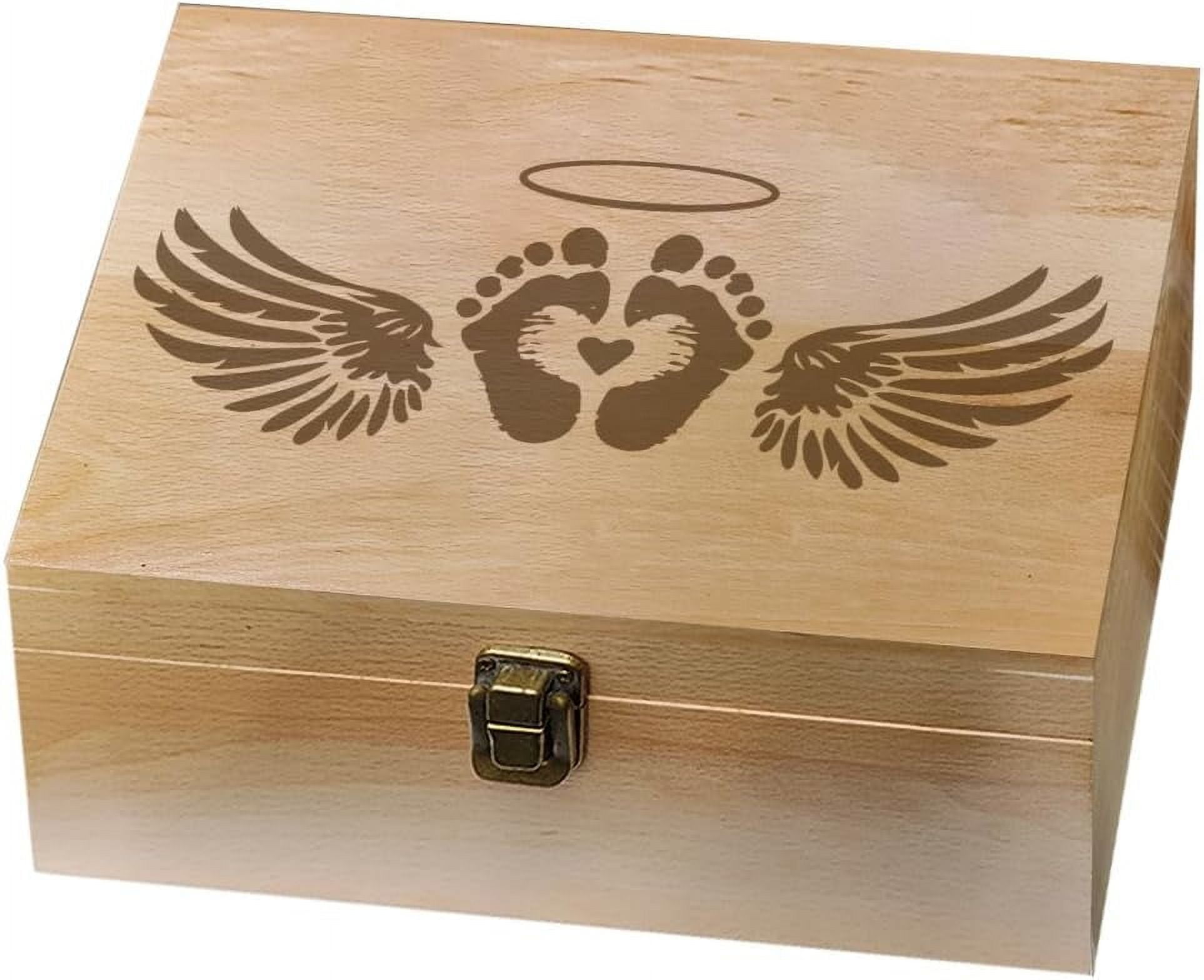 1 Pc Angel Footprints Wings Wooden Memory Keepsake Box Box with Hinged Lid and Lock Storage Box Stash Box for Son Daughter Photo Letter Growth Commemoration 7.6x9.6x4inch(19.5x24.5x10.3cm) BurlyWood