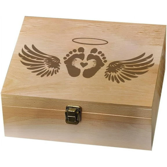 1 Pc Angel Footprints Wings Wooden Memory Keepsake Box Box with Hinged Lid and Lock Storage Box Stash Box for Son Daughter Photo Letter Growth Commemoration 7.6x9.6x4inch(19.5x24.5x10.3cm) BurlyWood