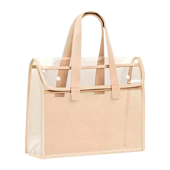 1 Pc Apricot Beige Clear Tote Bag with Handles, Transparent Document Bag Letter Size with 3.54" Expanding Bottom, See-Through File Organizer