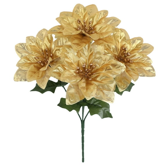1 Pc Artificial Bushes Poinsettias Artificial Christmas Flowers Gold Fake Silk Flowers Floral Bouquet for Xmas Tree Fillers Home Table Centerpiece Vase Holiday Party Ornaments(Yellow,11x7.8")