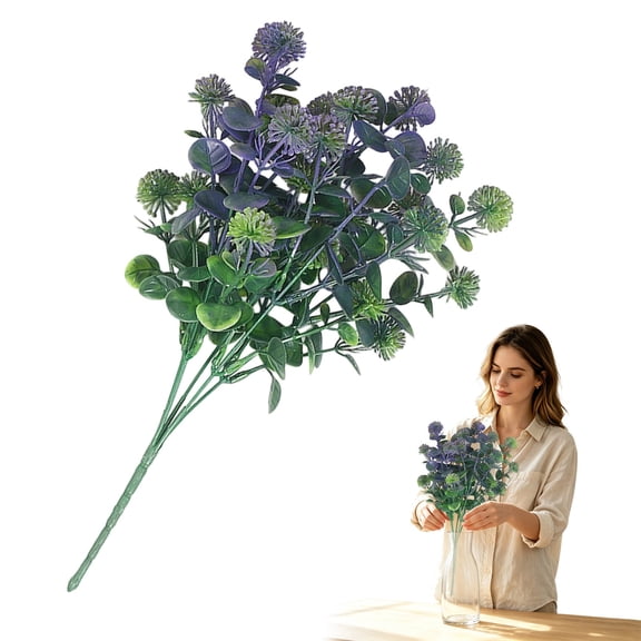 1 Pc Artificial Eucalyptus Ball Greenery Stems, 2 Stems 5 Heads, Bendable Faux Flowers for Home Wedding Table Centerpiece Party Decor,Purple