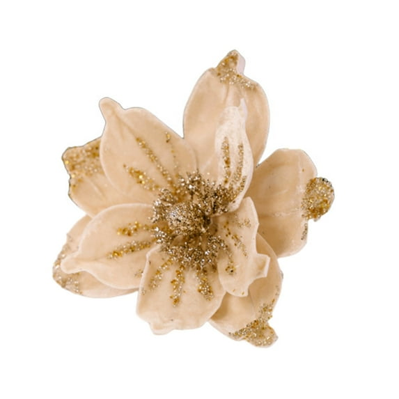 1 Pc Artificial Glitter Magnolia Flower 9.4" – Velvet Poinsettia Ornament Pick for Christmas Tree, Wreath, Garland & Holiday DIY Decorations, Beige, Indoor Decor