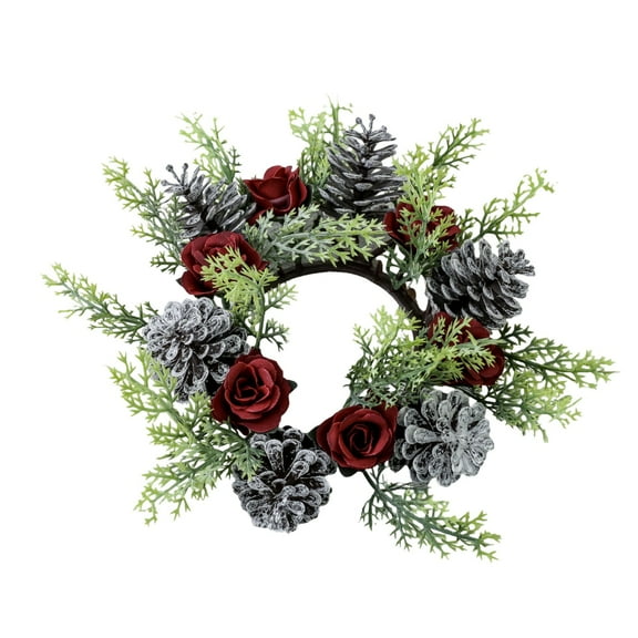 1 Pc Artificial Snowy Pine and Rose Mixed Cedar Pine Pine and Rose Mini Wreaths Christmas Pillar Candle Rings for Holiday Winter Table Door Mantel Cabinet, 7.87 Inch, Green
