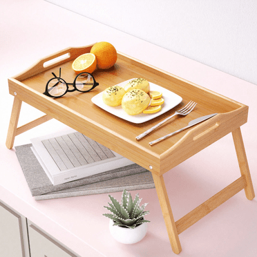 1 Pc Bamboo Bed Breakfast Tray, Bed Trays For Eating With Folding Legs Laptop Desk Snack Tray