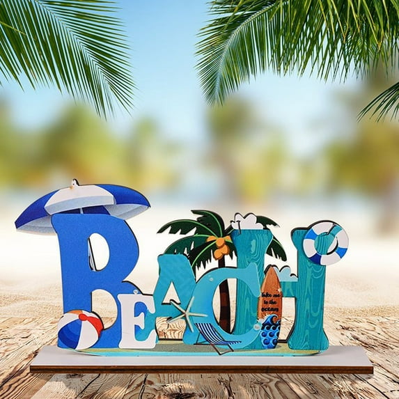 1 Pc Beach Sign Ocean Sea Animal Party Decor Beach is My Happy Place Plaque Sign Wooden Table Decorations for Coastal Theme Interior Beach House Home Beach Bathroom Decor, 7.87 x 4.72 Inch
