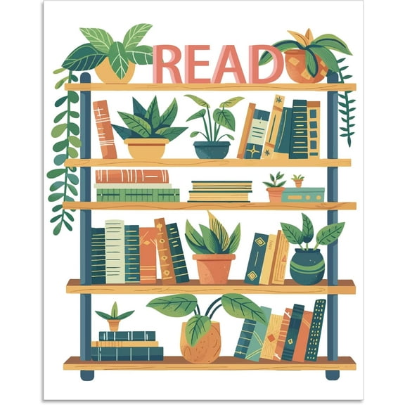 1 Pc Bookshelf Pattern Reading Posters Greenery Style Book Posters with Read Word Reader Wall Art Print Paper 10x8 inch(25.5x20.5cm)