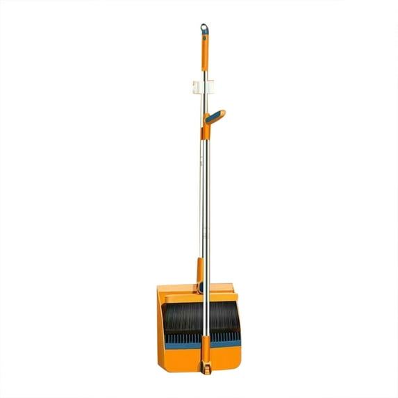 1 Pc Broom with Dustpan Combo Set, Dust Pan and Broom Set, Long Handle Broom with Stand Up Dustpan Combo Set for Office Home Kitchen Lobby Floor Use Foldable Design, 38 Inch, Orange