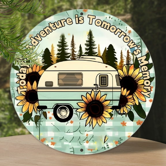 1 Pc Camper Van Aluminum Wall Art - 'Today's Adventure is Tomorrow's Memory' Round Aluminum  Sign with Sunflower And Pine Tree Design, Rustic Decor for Bars, Cafes, Perfect for Outdoor