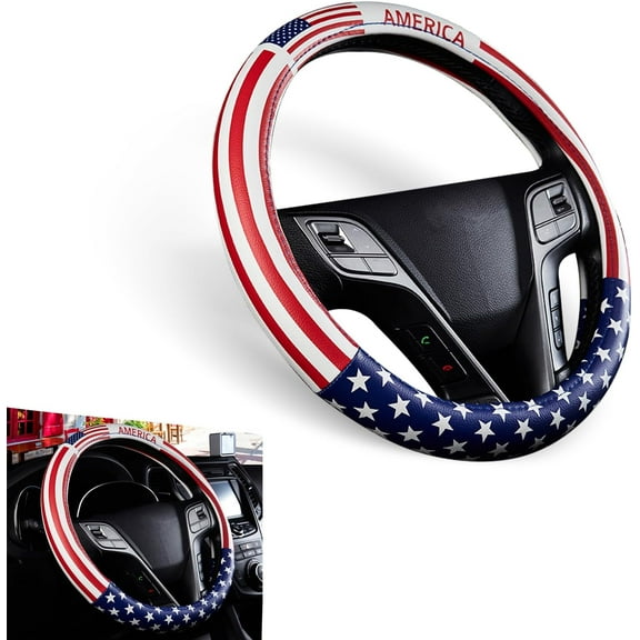 1 Pc Car Steering Wheel Cover, 38 cm American Flag Design Breathable Leather Rubber Inner Ring Steering Wheel Cover, Personalized Modification Accessories, Suitable for Most Models, Red and Blue