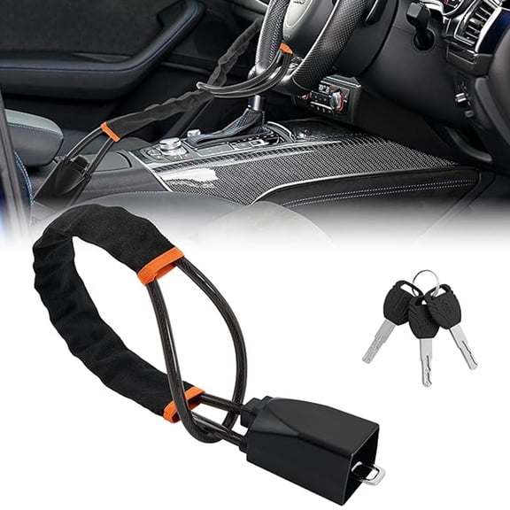 1 Pc Car Steering Wheel Seat Belt Anti-Theft Lock, Max 17 Inches Adjustable Length, Lightweight Compact Multi-Functional Vehicle Security Lock for Cars, SUVs and Golf Carts, Black