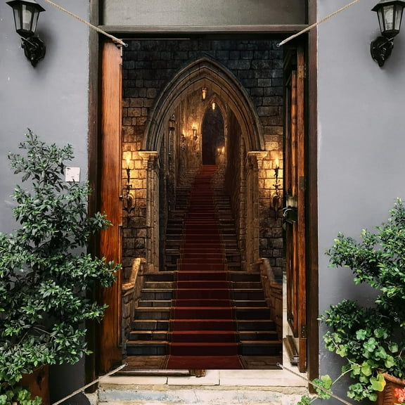 1 Pc Castle Entrance Door Cover Brick Wall Staircase Red Carpet Candles Patterns Gothic Photo Background Banner for DIY Birthday 35.4x72.8 inch(90x185cm)
