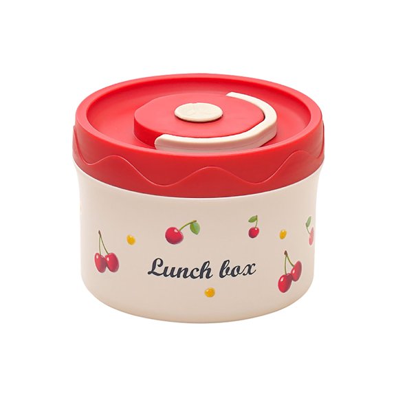 1 Pc Cherry Print Lunch Container Food Containers Staff Lunch Box Reusable Hot Food Flask Stainless Steel Round Lunch Box Thermo Vacuum Insulated Travels Storage, 600ML