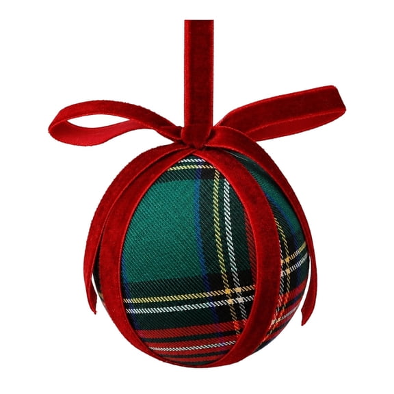 1 Pc Christmas Ball Ornament Tartan Plaid Buffalo Check Fabric Ball Christmas Tree Hanging Ornament Rustic Farmhouse Gingham Hanging Home Decoration for Holiday, 3.15 Inch, Green