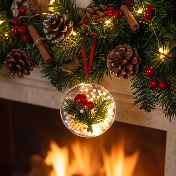 1 Pc Christmas Lighted Ball Ornament, Acrylic Clear Bauble with Pine and Berries, 2.36 Inch Hanging Decoration for Xmas Tree Party