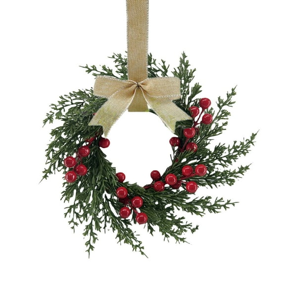1 Pc Christmas Mini Wreaths, Small Artificial Pine Cabinet Rings with Red Bows and Berries, Mini Holiday Door and Window Decor, Hanging Indoor Outdoor Christmas Decorations, 10.23x10.23 Inch, E